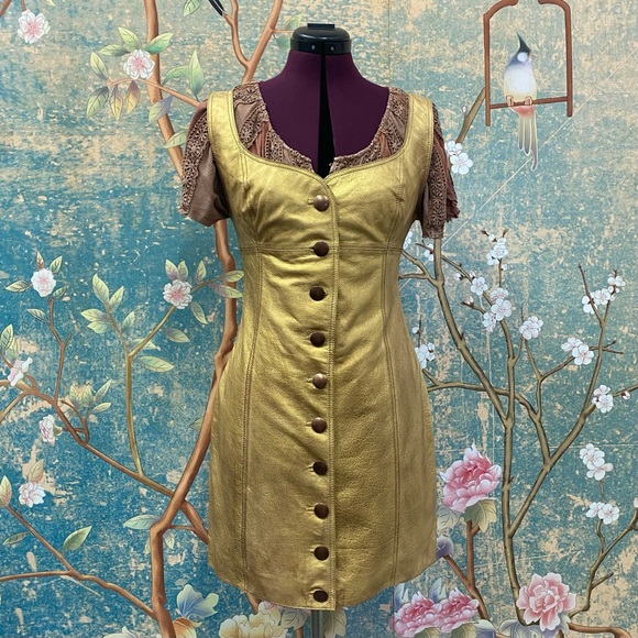 NWT Free People Women's Goldie Leather Mini Dress Gold - Picture 3 of 8